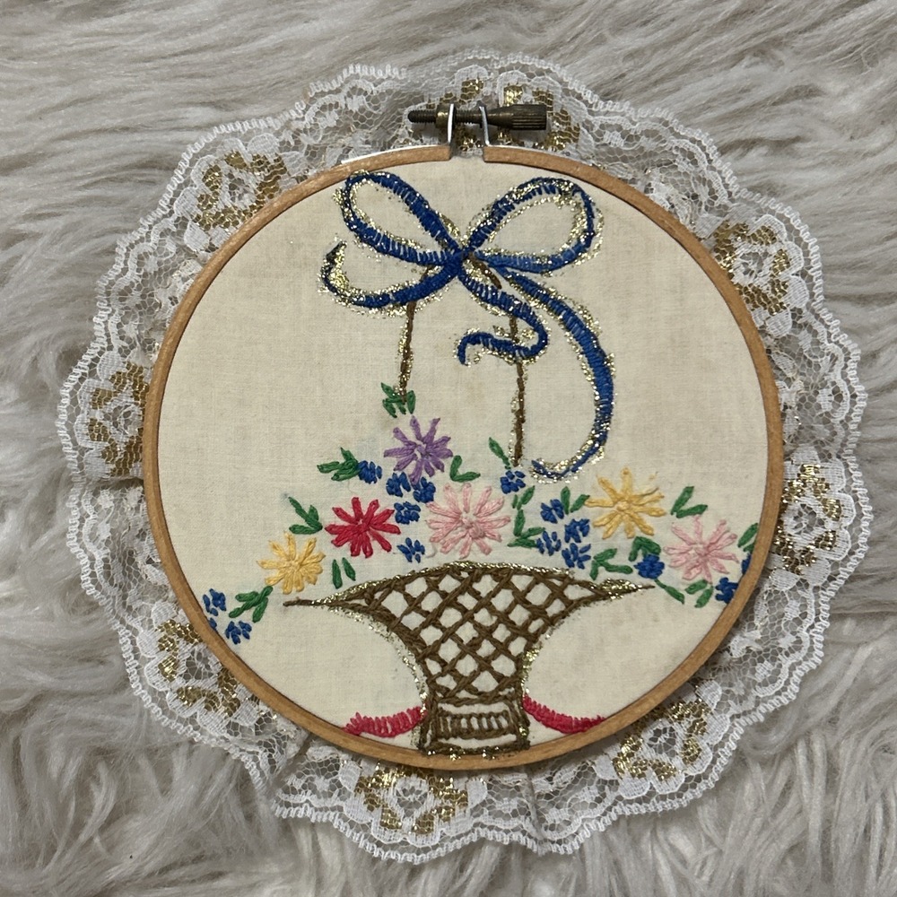 Set Of 2 Needlepoint Framed Stitched Lace Floral Baskets Bows Grannycore Vintage